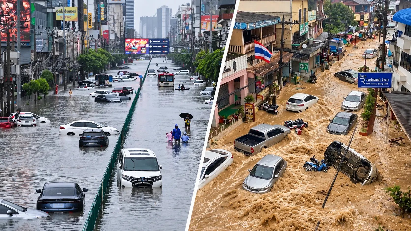 Flooded streets in Bangkok and Phuket during Thailand's October 2026 floods