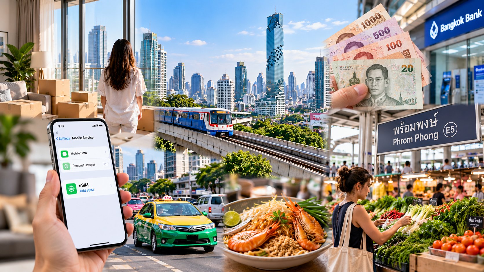 Collage of everyday Bangkok life: the city skyline and BTS Skytrain, Thai baht banknotes, an eSIM setup on a phone, a taxi, street food and a fresh market